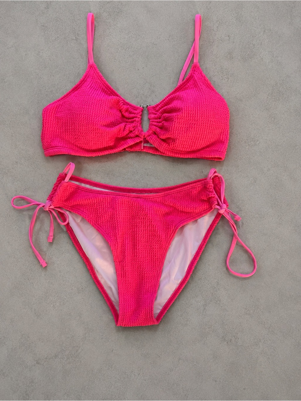 Textured Tie-Side Bikini Set in Hot Pink